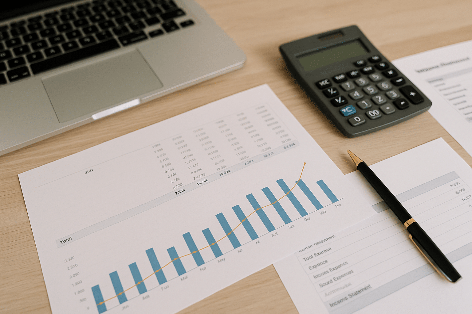 Jahresabschlussanalyse mit Balkendiagramm und Finanzzahlen auf Schreibtisch mit Laptop, Taschenrechner und Stift – Steuerberater Gojowsky Erlangen