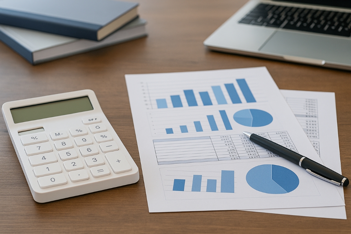 Blick auf einen Schreibtisch mit Finanzunterlagen Jahresabschluss 2024, Investitionen, Balken- und Tortendiagrammen, Taschenrechner, Stift und Laptop – professionelle Planung für Unternehmen.