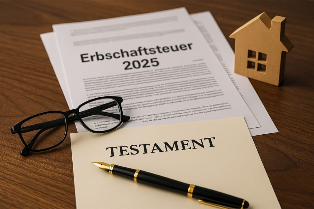 Testament und Unterlagen zur Erbschaftsteuer 2025 auf einem Schreibtisch – Beratung durch Steuerberater Gojowsky in Erlangen