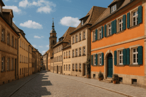 Historische Altstadtstraße mit bunten Wohnhäusern und Kirchturm bei Tageslicht – typisch für Erlangen.