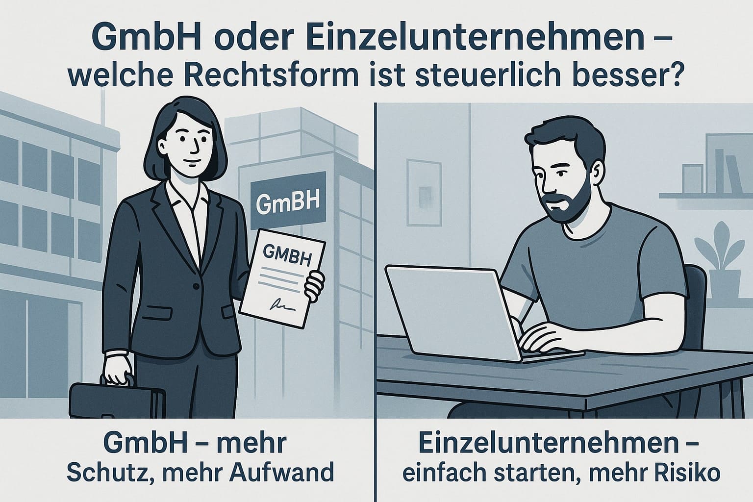 Illustration mit zwei Hälften: Links eine Geschäftsfrau vor einem Bürogebäude mit „GmbH“-Schild, in der Hand ein Vertrag mit der Aufschrift „GMBH“; unten steht „GmbH – mehr Schutz, mehr Aufwand“. Rechts ein Mann an einem Laptop in einem Homeoffice, darunter steht „Einzelunternehmen – einfach starten, mehr Risiko“. Oben zentral der Titel: „GmbH oder Einzelunternehmen – welche Rechtsform ist steuerlich besser?