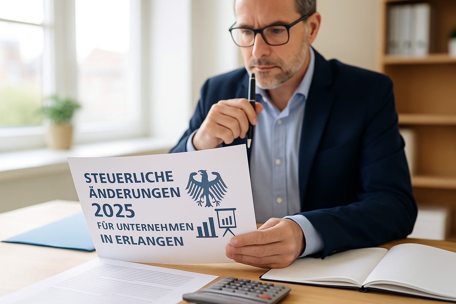 Unternehmer am Schreibtisch mit Unterlagen zur Steuerreform 2025 – Planung mit Unterstützung einer Steuerberatung.